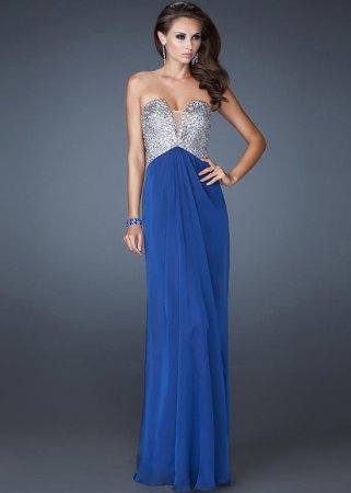 Chiffon Marine Blue Strapless Long Sequin Prom Dresses On Sale